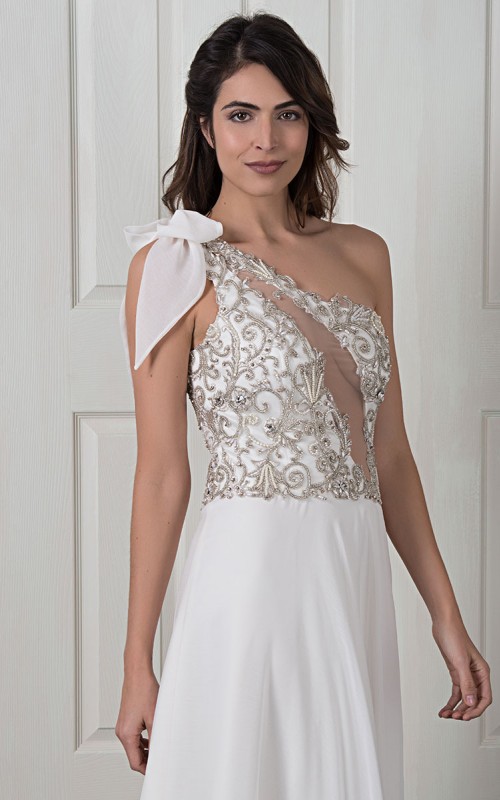 Nicole one-shoulder wedding dress with a beaded embroidered lace bodice, illusion back and flowing ivory chiffon skirt