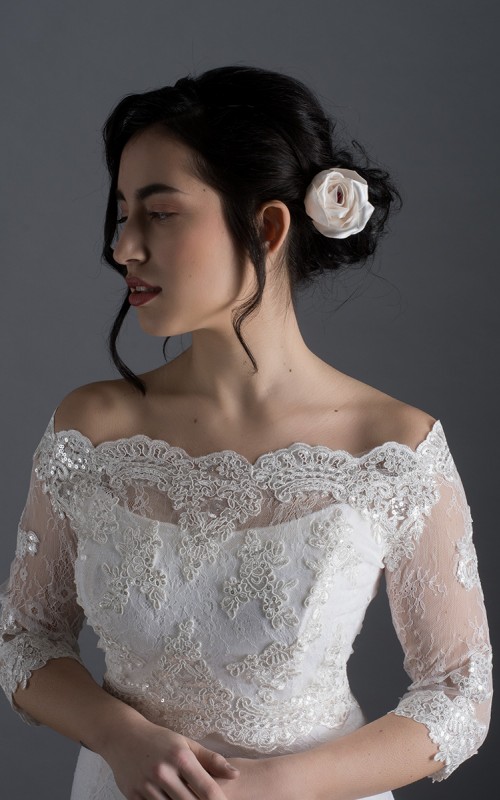 Bianca off-shoulder bridal bolero in ivory beaded lace with 3/4 sleeves and scalloped lace edges