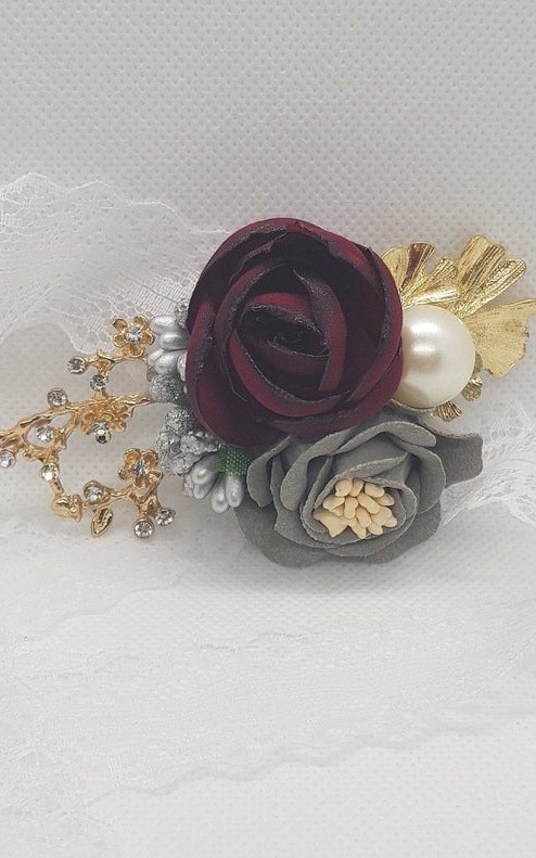Wrist Corsage, Rose Flower with Gold, Crystals, Pearl & Lace Ribbon