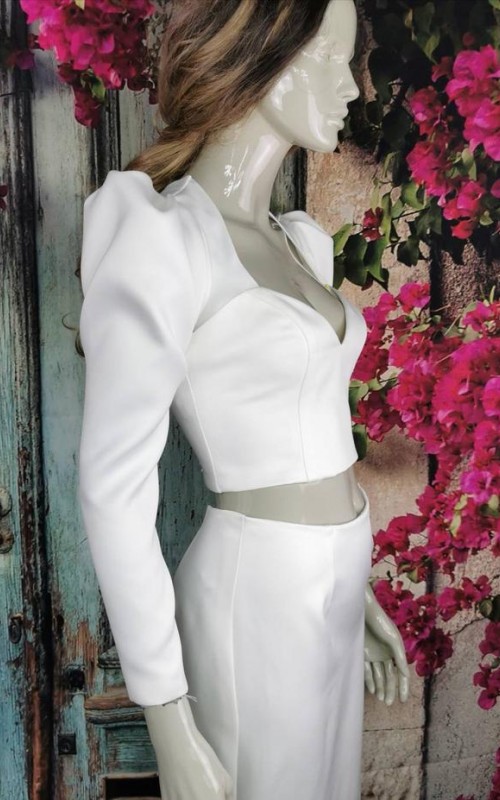 Ivory satin detachable long bridal sleeves and straps with a statement puff shoulder