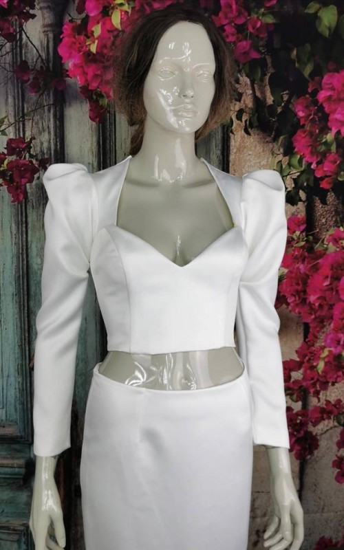 Ivory satin detachable long bridal sleeves and straps with a statement puff shoulder