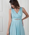 Maria aqua chiffon bridesmaid dress with a draped V-neck, V-back and a detachable crystal belt that ties at the back