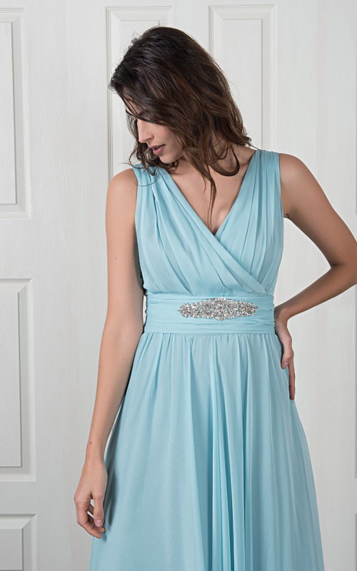 Maria aqua chiffon bridesmaid dress with a draped V-neck, V-back and a detachable crystal belt that ties at the back