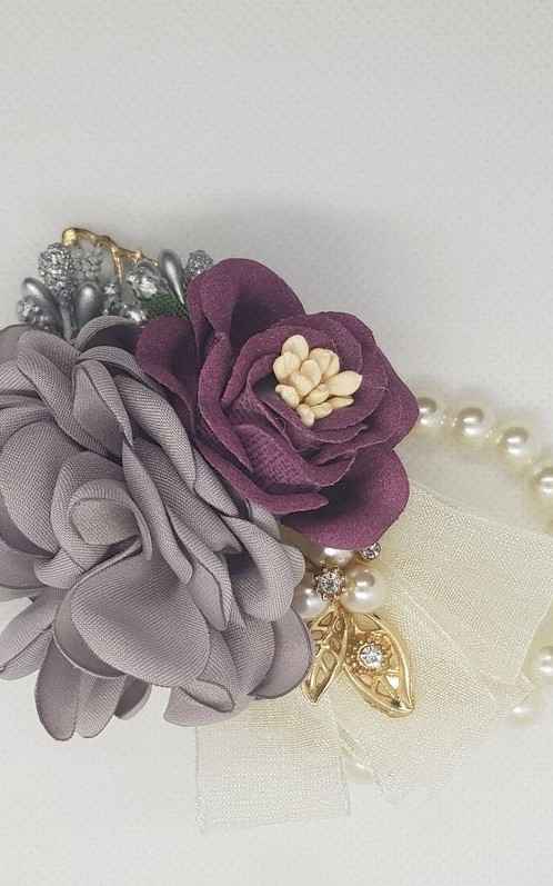 Wrist Corsage Rose Flower with Gold Leaf & Pearl Bracelet