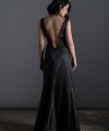 Vivian black Italian satin A-line evening gown with crimson lace V-neckline and deep open V-back