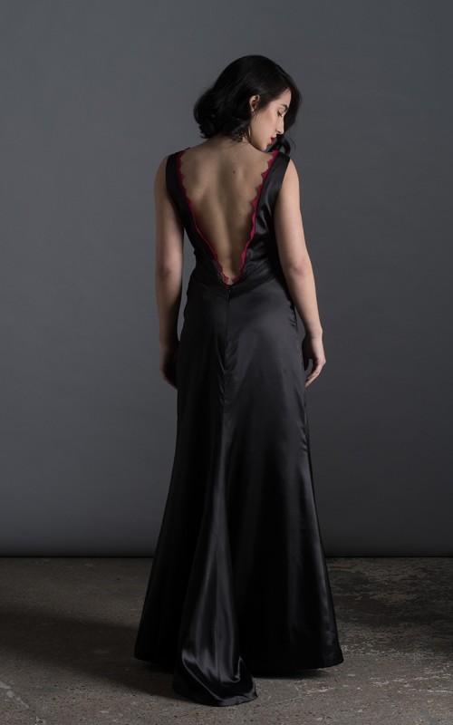 Vivian black Italian satin A-line evening gown with crimson lace V-neckline and deep open V-back