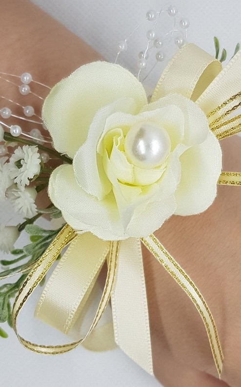 Wrist Corsage Rose Fabric Flower & Artificial Leaves with Satin Ribbon