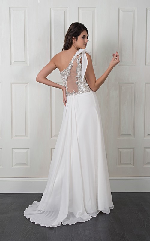 Nicole one-shoulder wedding dress with a beaded embroidered lace bodice, illusion back and flowing ivory chiffon skirt