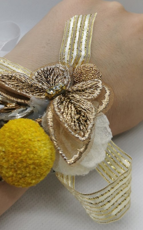 Wrist Corsage Gold 3D Lace Butterfly with Gold & Yellow Decoration