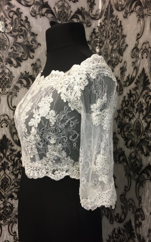 Bianca off-shoulder bridal bolero in ivory beaded lace with 3/4 sleeves and scalloped lace edges