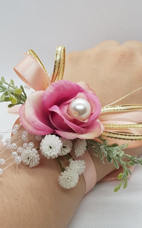 Wrist Corsage Rose Fabric Flower & Artificial Leaves with Satin Ribbon