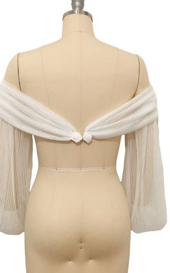 long detachable off shoulder pleated tulle wedding dress sleeves frilled cuff ivory