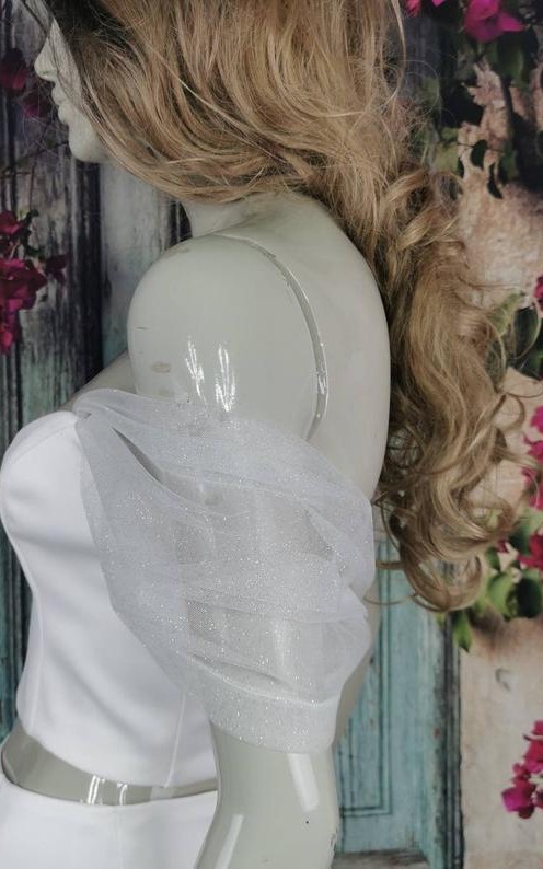 White glitter tulle off-shoulder detachable bridal straps and sleeves