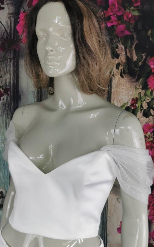 White glitter tulle off-shoulder detachable bridal straps and sleeves