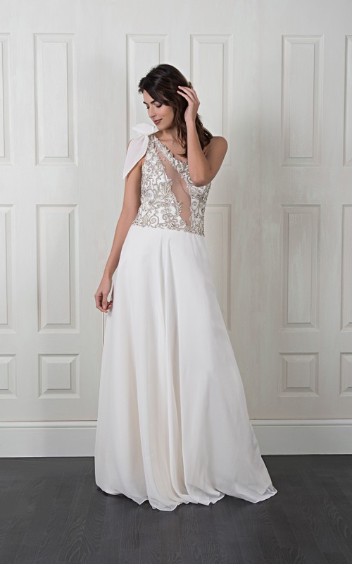 Nicole one-shoulder wedding dress with a beaded embroidered lace bodice, illusion back and flowing ivory chiffon skirt