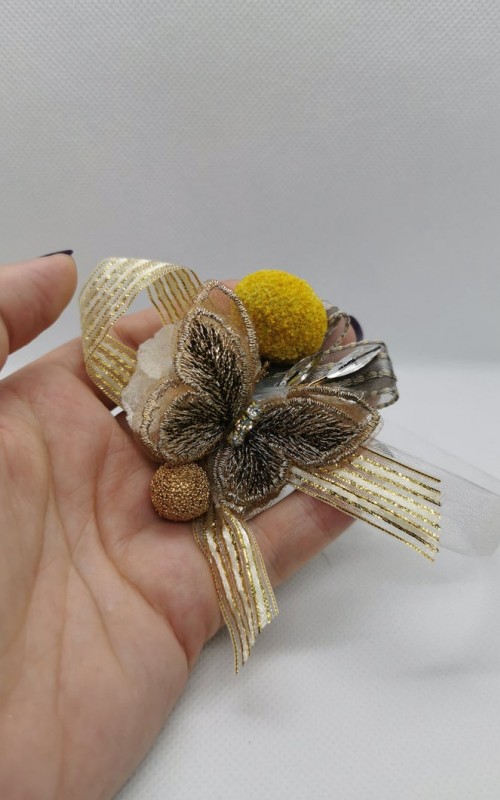 Wrist Corsage Gold 3D Lace Butterfly with Gold & Yellow Decoration