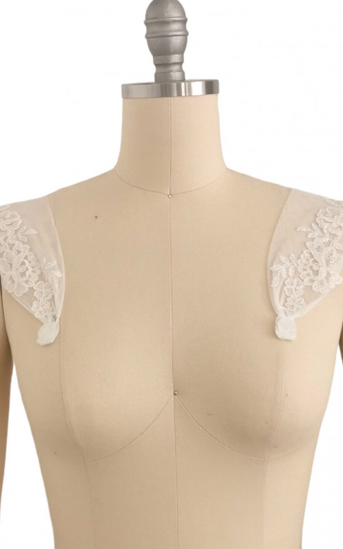 Detachable bridal lace straps and sleeves with floral appliqué in ivory tulle