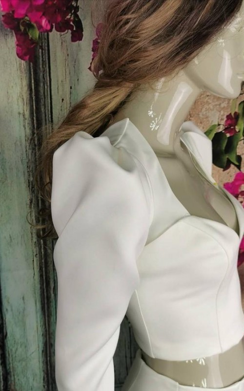 Ivory satin detachable long bridal sleeves and straps with a statement puff shoulder