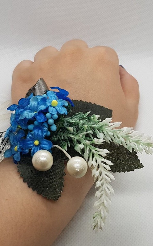 Floral Wrist Corsage Artificial Flower & Leaf with Organza Ribbon