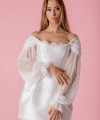 long detachable off shoulder pleated tulle wedding dress sleeves frilled cuff ivory