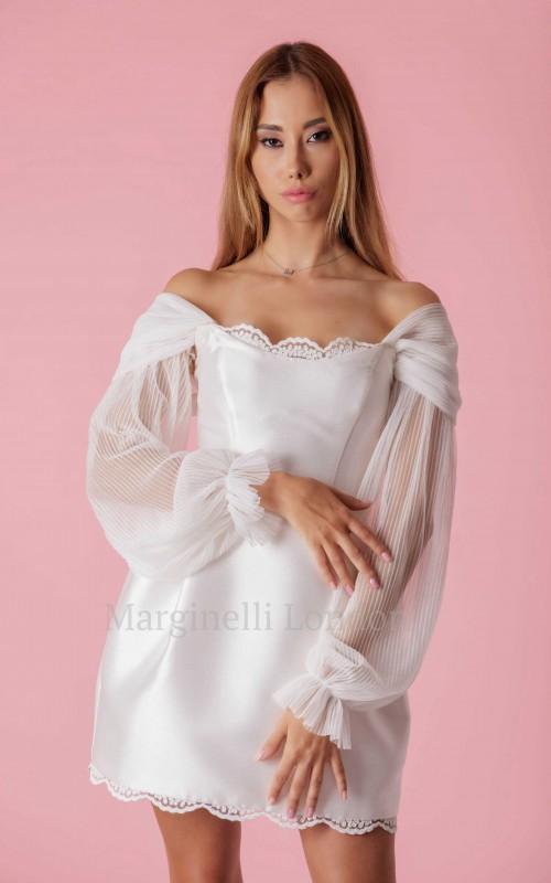 long detachable off shoulder pleated tulle wedding dress sleeves frilled cuff ivory