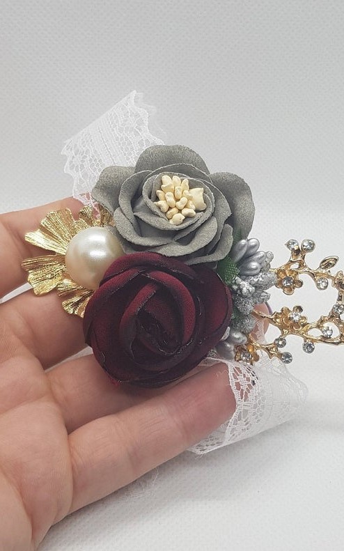 Wrist Corsage, Rose Flower with Gold, Crystals, Pearl & Lace Ribbon