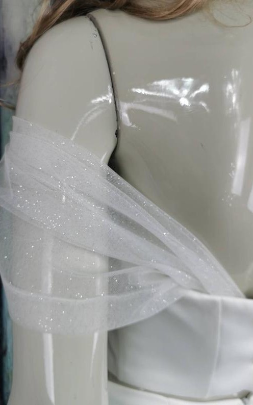 White glitter tulle off-shoulder detachable bridal straps and sleeves