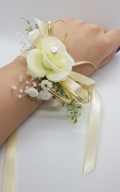 Wrist Corsage Rose Fabric Flower & Artificial Leaves with Satin Ribbon