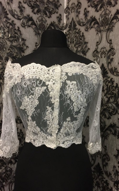Bianca off-shoulder bridal bolero in ivory beaded lace with 3/4 sleeves and scalloped lace edges