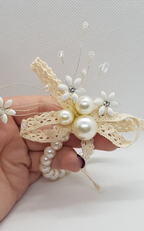 Wrist Corsage Crystal Pearl Flower with Pearl Bracelet