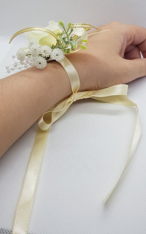 Wrist Corsage Rose Fabric Flower & Artificial Leaves with Satin Ribbon