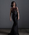Valentine mermaid evening gown with rose-copper to black ombré sequin bodice, open asymmetric back and black duchess satin skirt