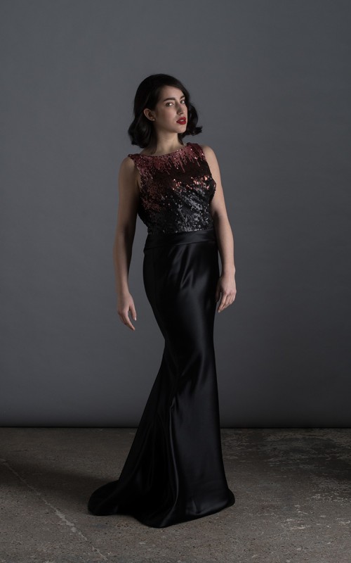 Valentine mermaid evening gown with rose-copper to black ombré sequin bodice, open asymmetric back and black duchess satin skirt