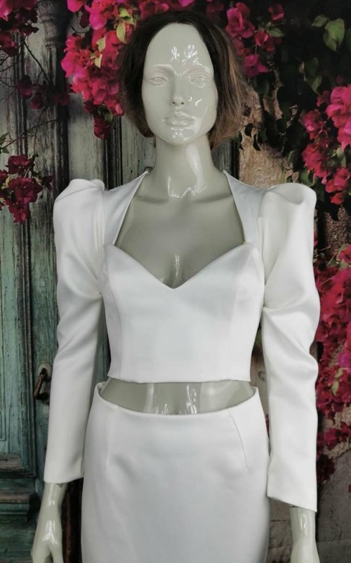 Ivory satin detachable long bridal sleeves and straps with a statement puff shoulder