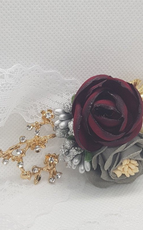 Wrist Corsage, Rose Flower with Gold, Crystals, Pearl & Lace Ribbon