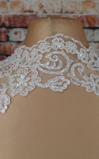 White duchess satin and beaded lace detachable bridal cap sleeves and straps on the shoulder and back