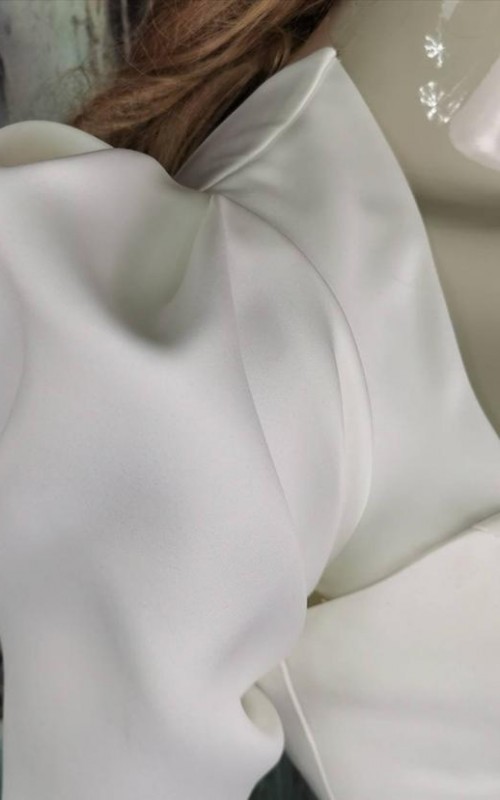 Ivory satin detachable long bridal sleeves and straps with a statement puff shoulder