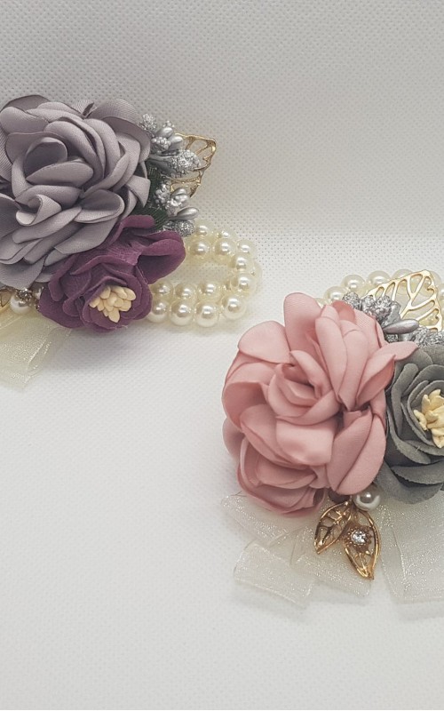 Wrist Corsage Rose Flower with Gold Leaf & Pearl Bracelet