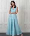 Maria aqua chiffon bridesmaid dress with a draped V-neck, V-back and a detachable crystal belt that ties at the back