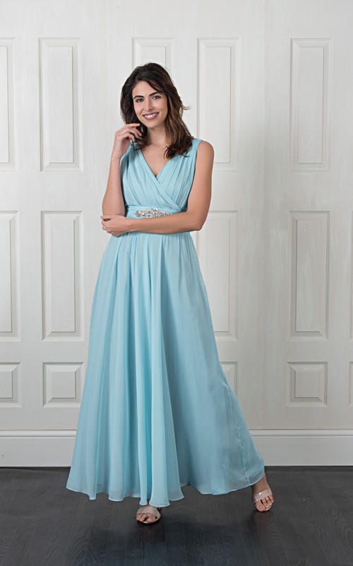 Maria aqua chiffon bridesmaid dress with a draped V-neck, V-back and a detachable crystal belt that ties at the back