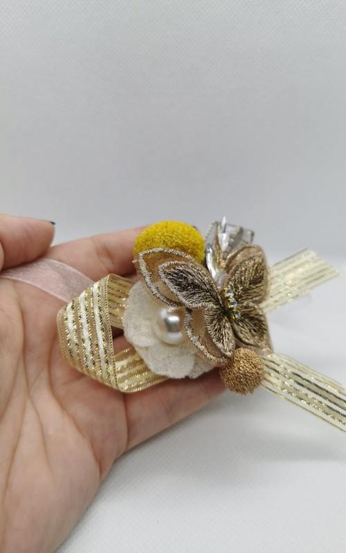 Wrist Corsage Gold 3D Lace Butterfly with Gold & Yellow Decoration