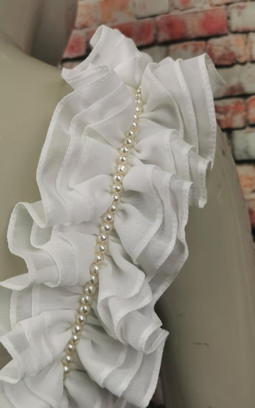 White ruffled chiffon detachable bridal straps and sleeves with hand-sewn pearls off the shoulder