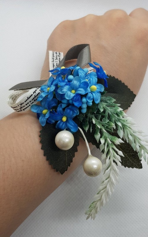 Floral Wrist Corsage Artificial Flower & Leaf with Organza Ribbon