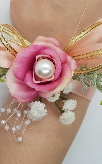 Wrist Corsage Rose Fabric Flower & Artificial Leaves with Satin Ribbon