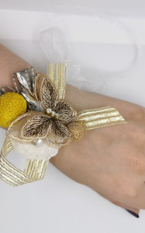 Wrist Corsage Gold 3D Lace Butterfly with Gold & Yellow Decoration