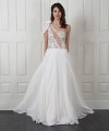 Nicole one-shoulder wedding dress with a beaded embroidered lace bodice, illusion back and flowing ivory chiffon skirt