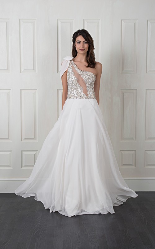 Nicole one-shoulder wedding dress with a beaded embroidered lace bodice, illusion back and flowing ivory chiffon skirt