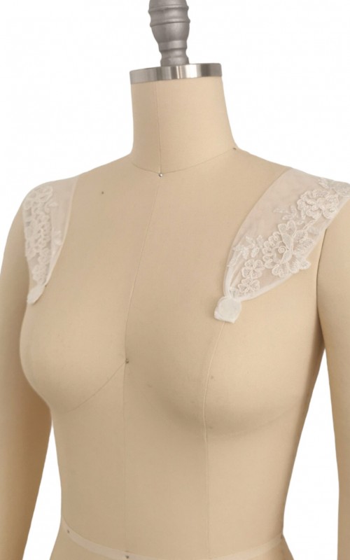 Detachable bridal lace straps and sleeves with floral appliqué in ivory tulle