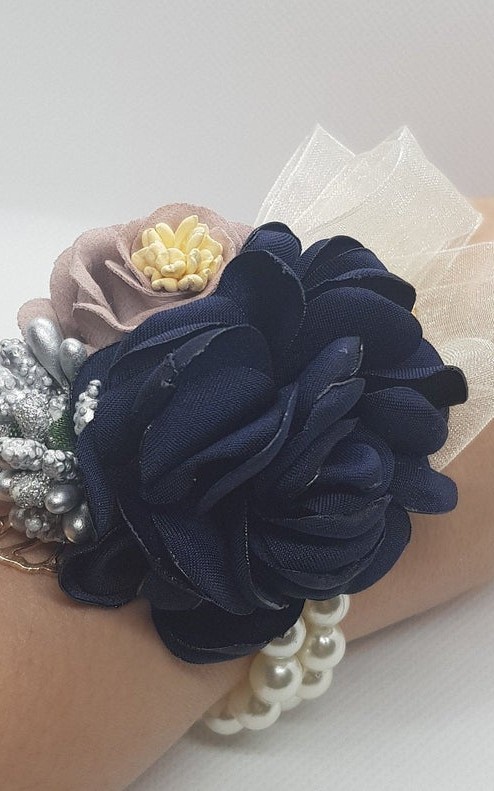 Wrist Corsage Rose Flower with Gold Leaf & Pearl Bracelet