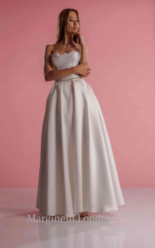 boho mikado satin wedding dress rhinestone belt pleated skirt pockets